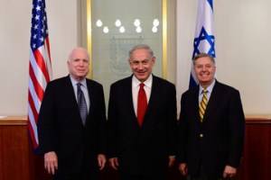 GRAHAM AND McCAIN WITH THEIR ISRAELI BOSS