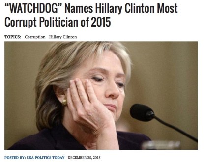 “WATCHDOG” Names Hillary Clinton Most Corrupt Politician of 2015