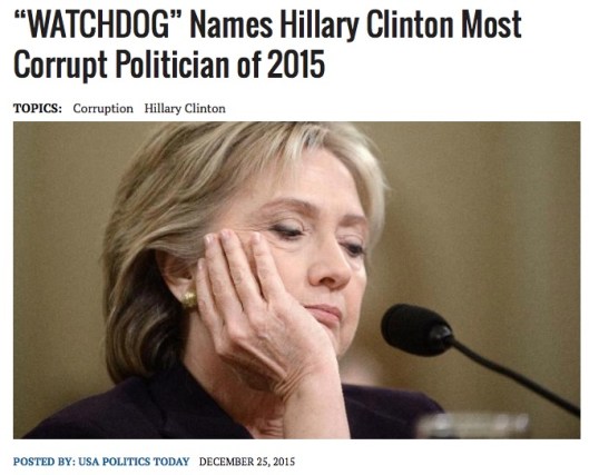 “WATCHDOG” Names Hillary Clinton Most Corrupt Politician of 2015
